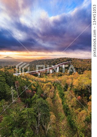 Autumn scenery of Daisetsuzan: Matsumi Bridge and a magnificent sea of clouds 134451053
