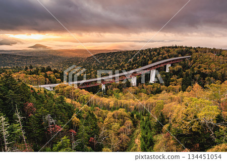 Matsumi Bridge surrounded by autumn leaves and Mount Daisetsuzan in a sea of clouds Matsumi Bridge surrounded by autumn leaves and Mount Daisetsuzan in a sea of clouds 134451054