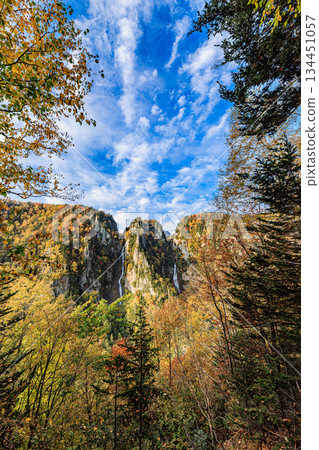 Ginga Falls and Ryusei Falls, famous waterfalls in Sounkyo enveloped in autumn colors Ginga Falls and Ryusei Falls, famous waterfalls in Sounkyo enveloped in autumn colors 134451057
