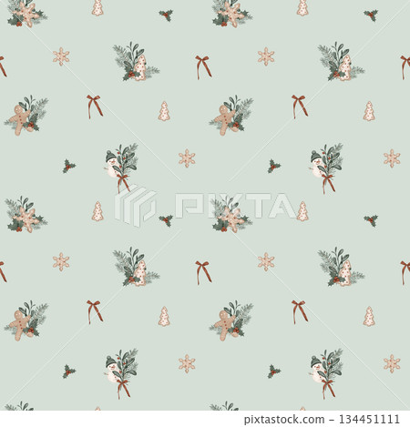 Christmas seamless pattern with symbol new year 2026, horses, pine branches, for tree, bow. Repeat ornament with illustration holly and red berries and sweet cookie gingerbread and snowman. Christmas seamless pattern with symbol new year 2026, horses, pine branches, for tree, bow. Repeat ornament with illustration holly and red berries and sweet cookie gingerbread and snowman. 134451111