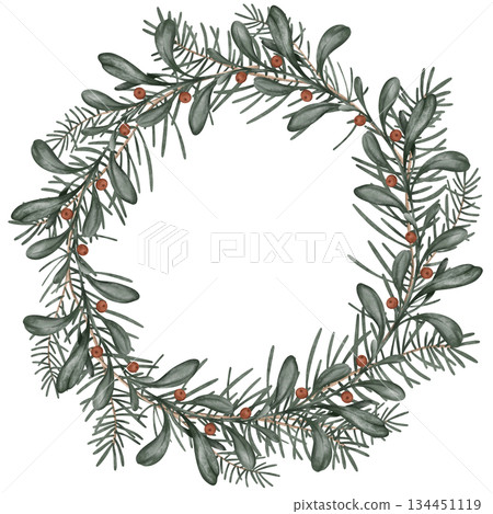 Watercolor Christmas or new year wreath with fir branches and place for text. Illustration for greeting cards with and invitations isolated on white background. Tree branches and red berry of ilex. 134451119
