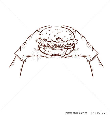 A burger held in both gloved hands. The illustration is rendered in thin linear strokes in a vector outline style. The object is fast food for visual design. It is used in menus, advertising layouts A burger held in both gloved hands. The illustration is rendered in thin linear strokes in a vector outline style. The object is fast food for visual design. It is used in menus, advertising layouts 134451770