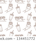 A seamless pattern featuring a hot dog, fries, and a drink, executed in a vector outline style. Seamless background for menus, packaging, banners, and fast food branding. Suitable for design. 134451772