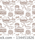 A seamless pattern featuring a burger, club sandwich, fries, sauce, and coffee, executed in a vector outline style. A versatile background object for menus, packaging, advertising layouts, corporate 134451826