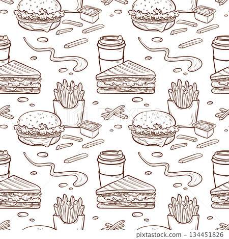 A seamless pattern featuring a burger, club sandwich, fries, sauce, and coffee, executed in a vector outline style. A versatile background object for menus, packaging, advertising layouts, corporate 134451826