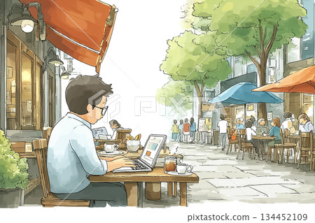 一位男子在街角咖啡館工作。這是典型的日常場景，行人來來去去。 134452109