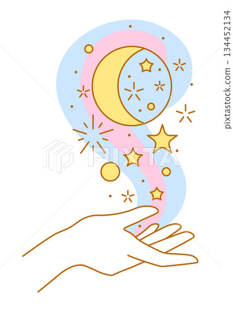 Magic moon in hand. Palm hold or give celestial body. Line art style. Magic moon in hand. Palm hold or give celestial body. Line art style. 134452134