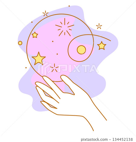 Magic stars in hand. Palm hold or gives celestial body. Line art style. 134452138