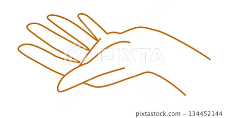 Hand gesture image. Palm points or gives something. Line art style isolated human hand. Hand gesture image. Palm points or gives something. Line art style isolated human hand. 134452144