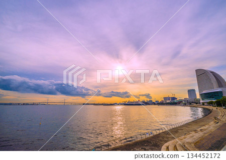 Yokohama cityscape in Japan. Three Japanese luxury cruise ships gather at Yokohama Port. View of Nippon Maru, Mitsui Ocean Fuji, Asuka II, etc. 134452172