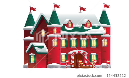 Christmas castle building with snowy winter decor. 134452212