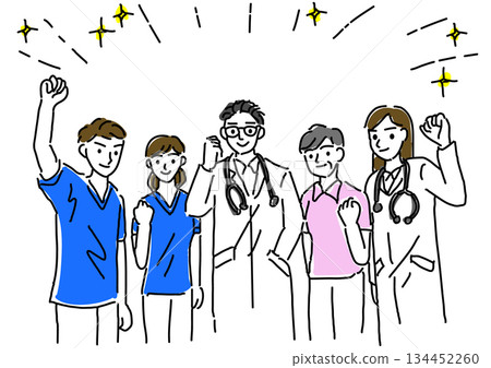 微笑的醫護人員擺出握拳慶祝的姿勢，手繪線條畫 134452260