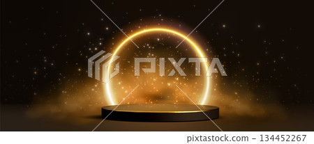 Black podium with golden light circle 134452267