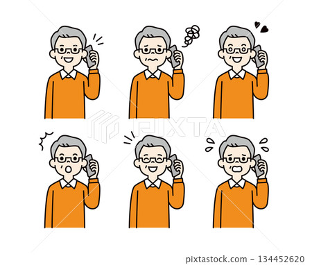 Talking on a smartphone, upper body vector illustration set of men in their 60s and 70s_Color Talking on a smartphone, upper body vector illustration set of men in their 60s and 70s_Color 134452620