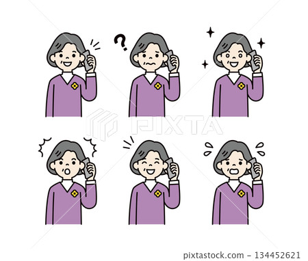Talking on a smartphone, upper body vector illustration set of women in their 60s and 70s_Color 134452621