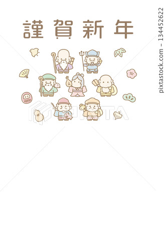 印有七福神和幸運符的新年賀卡 印有七福神和幸運符的新年賀卡 134452622