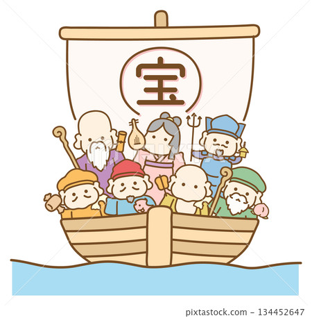 七福神與寶船 棕色線條與色彩繪畫 七福神與寶船 棕色線條與色彩繪畫 134452647