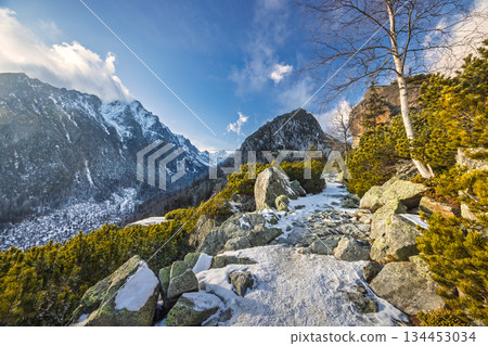 A scenic mountain trail winds through rocky terrain, offering panoramic views of snow-capped peaks under a bright, partly cloudy sky. High Tatras National Park, Slovakia, Europe. A scenic mountain trail winds through rocky terrain, offering panoramic views of snow-capped peaks under a bright, partly cloudy sky. High Tatras National Park, Slovakia, Europe. 134453034