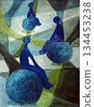 Oil painting of green and blue colors. It is a beautiful art picture. Abstraction art. Three people silhouettes on balls. 134453238