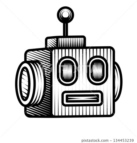 retro robot head illustration in vintage style black and white vector art face sketch sci fi character mascot engraved drawing design 134453239