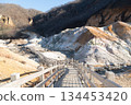 Jigokudani or Hell Valley in the town of Noboribetsu Onsen which displays hot steam vents, sulfurous streams and other volcanic activity. Main source of Noboribetsu hot spring waters. Hokkaido, Japan. 134453420
