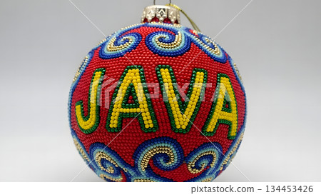 Handmade beaded Christmas ornament with the word JAVA in yellow and green 134453426