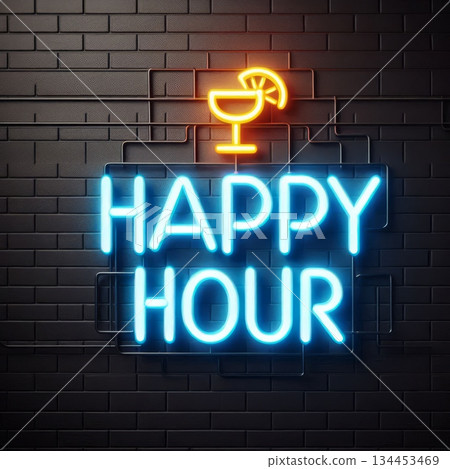 Glowing neon sign Happy Hour with cocktail icon on dark brick wall, ideal for bar, party, nightlife, drink specials or promotions Glowing neon sign Happy Hour with cocktail icon on dark brick wall, ideal for bar, party, nightlife, drink specials or promotions 134453469