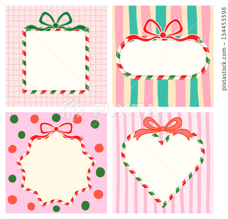 Vector set with Christmas candy cane borders in red and green with bows on various patterned backgrounds for holiday designs 134453598
