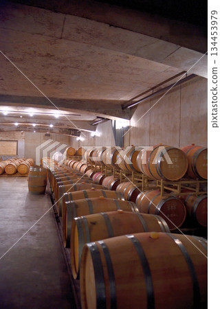 Image of wine barrels in an aging cellar 134453979