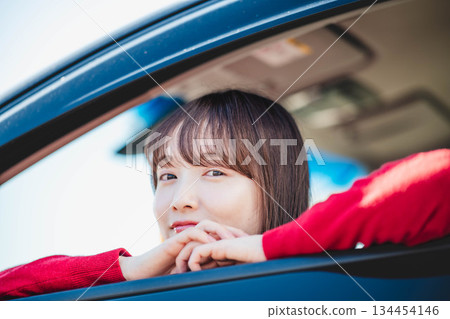 A young woman with long hair having fun in the passenger seat of a car A young woman with long hair having fun in the passenger seat of a car 134454146