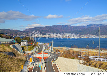 View of the Lake Suwa Smart Interchange roundabout and Lake Suwa [Okaya City] 134454234