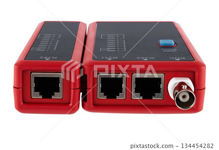 Cable tester for checking RJ45 twisted pair, RJ11, and BNC coaxial cables with indicators. 134454282