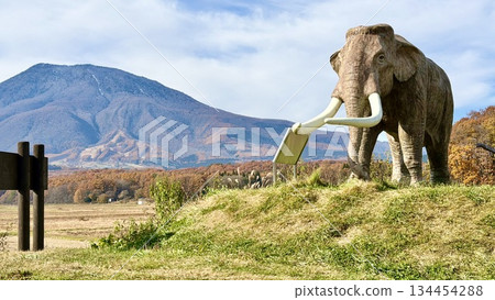 Statue of a mother and child Naumann's elephant at Lake Nojiri seen from National Route 18 and Mt. Kurohime in autumn 134454288