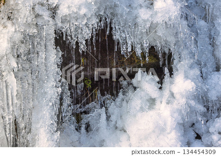 A mesmerizing cascade of icicles frozen mid-drip, forms a wintry frame around a glimpse of earth and vegetation that hints at the thaw's promise. High Tatras National Park, Slovakia, Europe. A mesmerizing cascade of icicles frozen mid-drip, forms a wintry frame around a glimpse of earth and vegetation that hints at the thaw's promise. High Tatras National Park, Slovakia, Europe. 134454309
