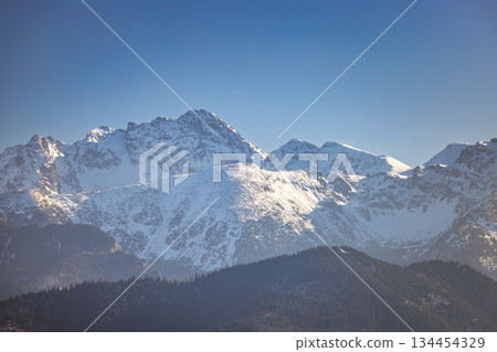 Tatra Mountains above Zakopane town in Poland, Europe. Majestic snow-covered mountain range against a clear blue sky, showcasing the beauty of winter landscape with forested hills below. Tatra Mountains above Zakopane town in Poland, Europe. Majestic snow-covered mountain range against a clear blue sky, showcasing the beauty of winter landscape with forested hills below. 134454329