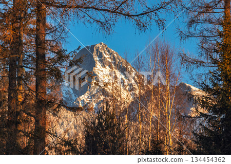 Lomnicky peak in High Tatras National Park, Slovakia, Europe. Majestic mountain peak partially covered with snow, framed by vibrant trees under a clear blue sky. Peaceful mountain view. 134454362