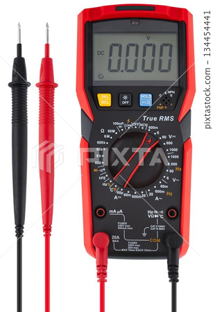 Professional digital multimeter with measuring probes, insulated on a white background. Professional digital multimeter with measuring probes, insulated on a white background. 134454441