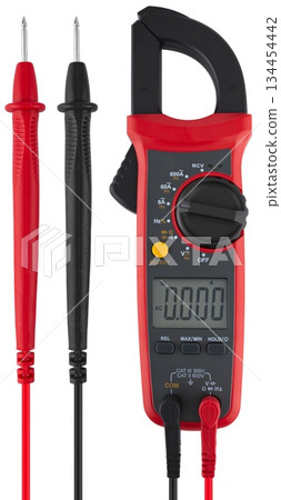 Electronic measuring device for diagnosing electrical circuits and equipment. On a white background 134454442