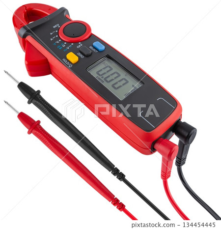 Compact digital multimeter with screen and probes, insulation. On a white background Compact digital multimeter with screen and probes, insulation. On a white background 134454445