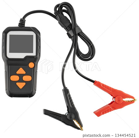 Device for testing automotive batteries, on a white background in isolation 134454521