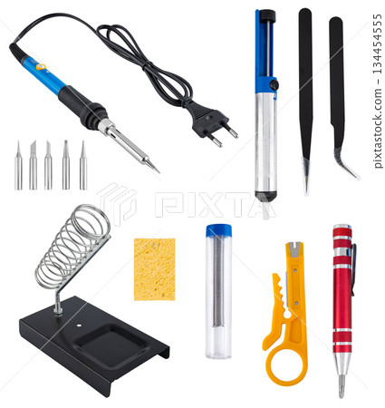 Compact soldering tool kit with soldering iron, stand and interchangeable tips. Compact soldering tool kit with soldering iron, stand and interchangeable tips. 134454555