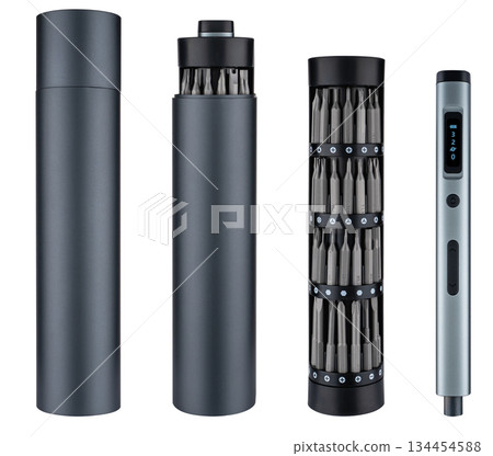 Mini electric screwdriver with torque adjustment and a set of magnetic bits. On a white background Mini electric screwdriver with torque adjustment and a set of magnetic bits. On a white background 134454588