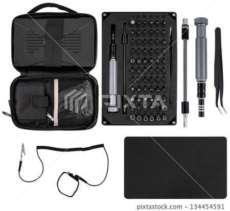 Practical screwdriver set with bits for precision work, flexible shaft, and tweezers. Practical screwdriver set with bits for precision work, flexible shaft, and tweezers. 134454591