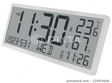 Stylish electronic clock with a mirrored surface, showing the time, temperature and day of the week. Stylish electronic clock with a mirrored surface, showing the time, temperature and day of the week. 134454606