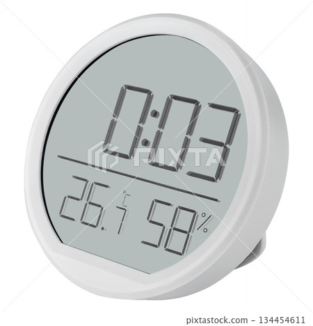 Minimalist digital table clock with large screen, humidity and calendar. On a white background Minimalist digital table clock with large screen, humidity and calendar. On a white background 134454611
