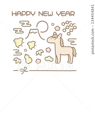 2026年新年賀卡 可愛小馬與日式幸運符 05 134454841