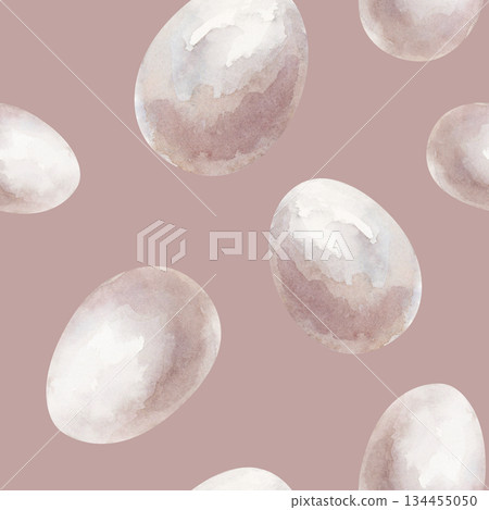 Watercolor seamless pattern with white eggs on a light brown background. A template with farm products for use in agriculture and farming. Watercolor seamless pattern with white eggs on a light brown background. A template with farm products for use in agriculture and farming. 134455050