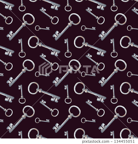 Seamless pattern with rusty keys on a dark background. Watercolor illustration with old objects. Vintage template with realistic keys for wallpaper design, packaging, textiles and tableware. Seamless pattern with rusty keys on a dark background. Watercolor illustration with old objects. Vintage template with realistic keys for wallpaper design, packaging, textiles and tableware. 134455051
