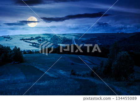 agricultural fields on hills at night. beautiful summer landscape in full moon light. green rolling scenery of mountainous rural area. finance investment or abstract concepts 134455089