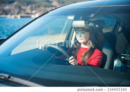 A young long-haired woman driving a car on a sunny day A young long-haired woman driving a car on a sunny day 134455193